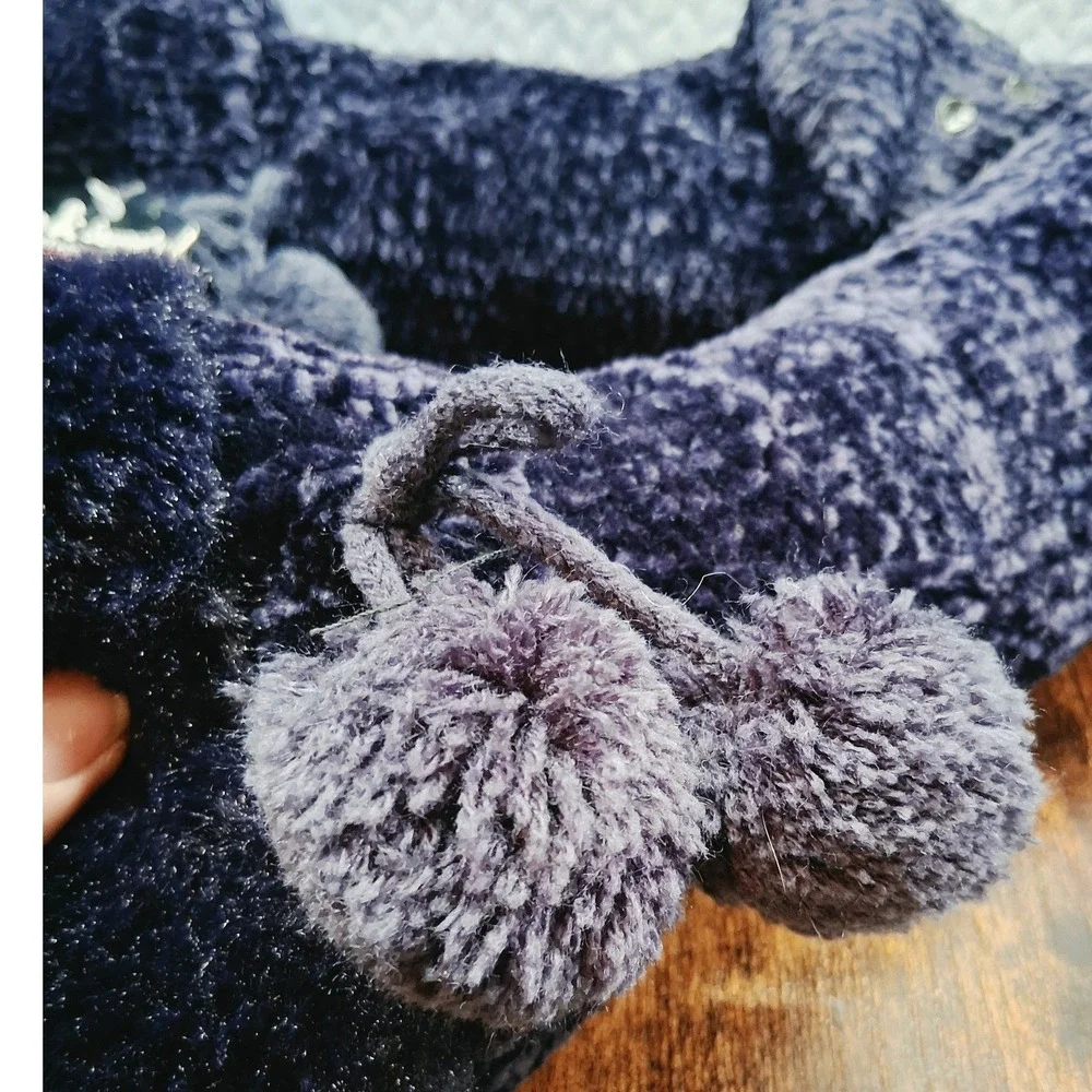 Warm & Snuggly Collection Cabin Socks Navy Blue Chenille Faux Fur Pom Poms NWT
